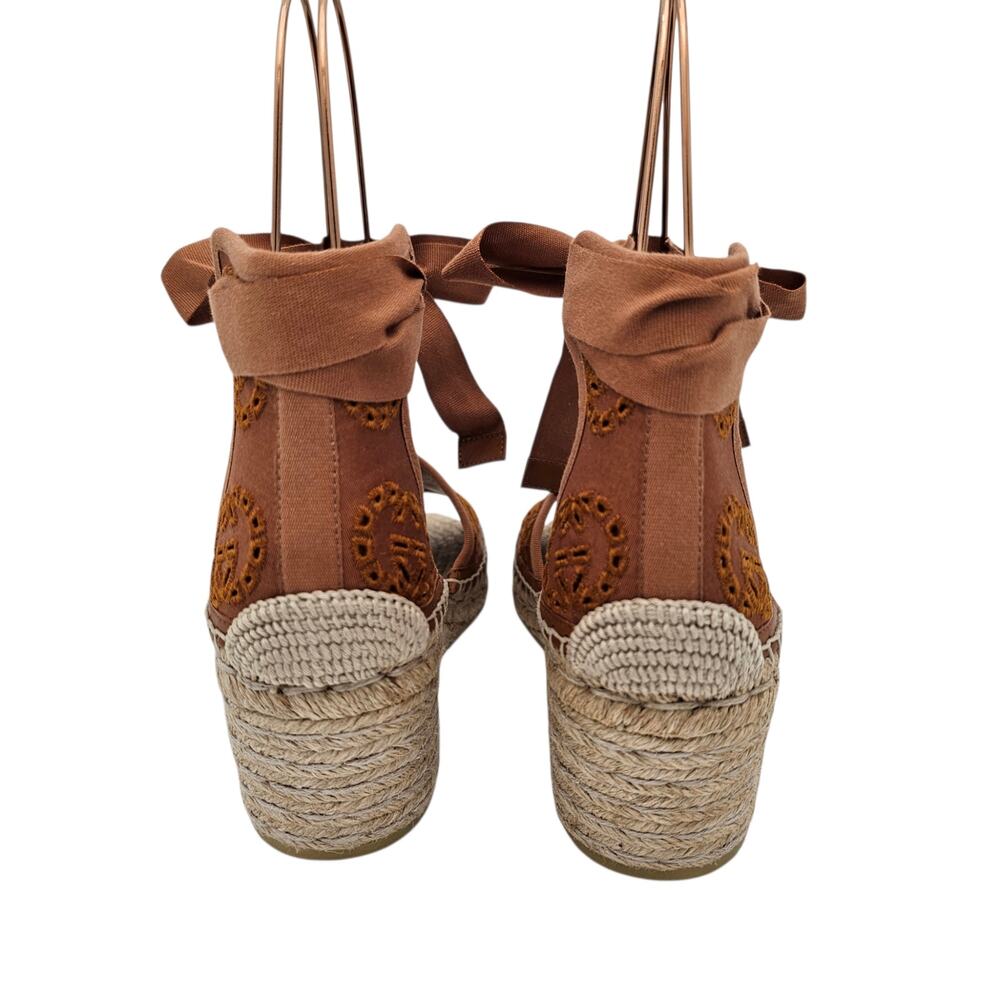 Gucci GG Espadrille Wedge Sandal Eyelet Canvas Ankle Tie Brown Size 37 US 7 - Picture 5 of 12